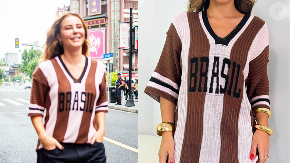 Em alguns cliques, Paolla Oliveira aparece usando uma camisa de tricô listrada em tons de marrom e rosa, com a palavra “Brasil” estampada. Um modelo bem similar foi encontrado na loja Bella Chita por cerca de R$ 189,90