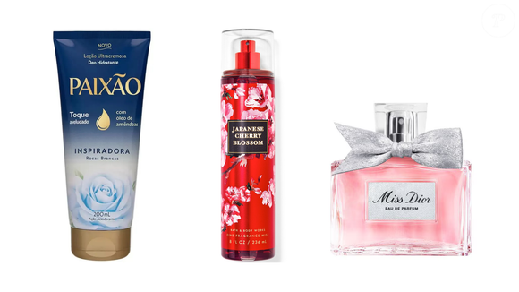 Floral romântico inspirado em Miss Dior: Hidratante: Inspiradora Rosas Brancas (Paixão)  200ml  200ml | R$ 15,19 + Body splash: Japanese Cherry Blossom (Bath & Body Works) | R$ 143,90