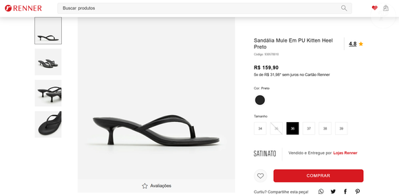 Sandália Mule em PU Kitten Heel Preto – Renner: discreta e elegante, essa mule preta com salto kitten está disponível por R$ 159,90 no site da Renner, combinando conforto com sofisticação cotidiana