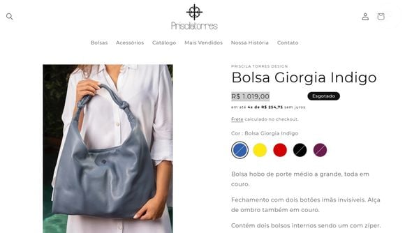 A bolsa Giorgia está à venda no site de Priscila Torres Design, marca brasileira, por R$ 1.019,00