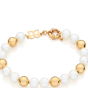 Já a Pulseira com Bolas e Pérolas Sintéticas Banhada a Ouro 18K, por R$ 785, traz seis bolas de 8 mm e 13 pérolas sintéticas de 8 mm