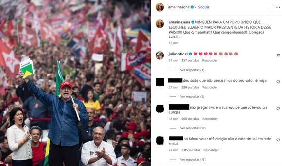 Marina Sena foi criticada por não estar no Brasil para votar em Lula no segundo turno