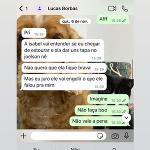 Em print divulgado pela irmã de Isabel Veloso, Lucas Borbas expôs uma desavença com Joelson, o sogro, e cogitou agredi-lo