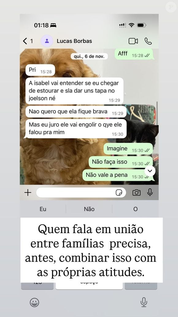Em print divulgado pela irmã de Isabel Veloso, Lucas Borbas expôs uma desavença com Joelson, o sogro, e cogitou agredi-lo