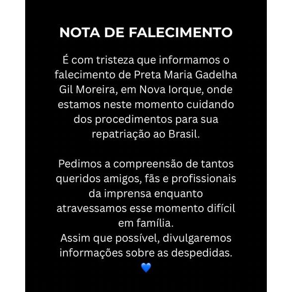 Preta Gil pediu para ser velada no Rio de Janeiro e enterrada na Bahia