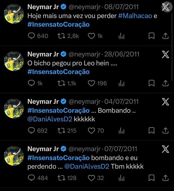 Antigos tweets de Neymar voltam à tona e revelam qual era a novela favorita do jogador durante a exibição de 'Insensato Coração'