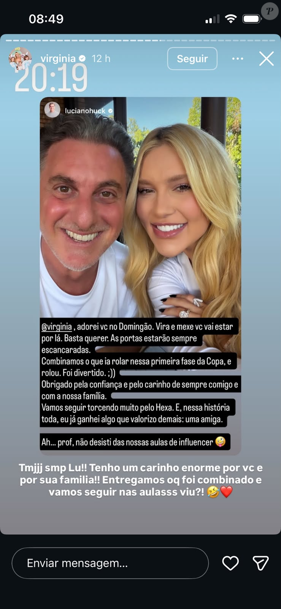 Luciano Huck confirmou o fim da participação de Virgínia Fonseca no Domingão durante a Copa do Mundo de 2026 e fez uma despedida pública nas redes sociais. A influenciadora respondeu ao apresentador