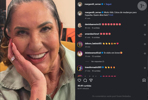 Margareth Serrão surgiu no Instagram comemorando a suposta mudança: 'Estou de mudanças para Espanha. Quem diria hein? Olé'