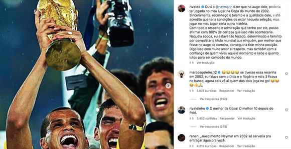 Veja o post completo de Rivaldo no Instagram rebatendo a declaração de Neymar