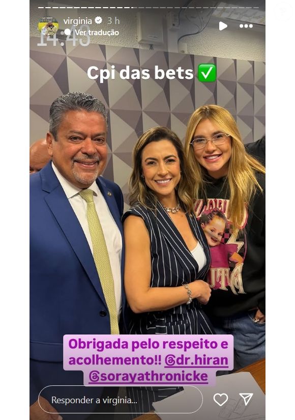 A senadora Soraya Thronicke (Podemos-MS), relatora da CPI das Bets, seguiu Virgínia Fonseca e posou ao lado dela com direito a sorrisos após o depoimento da influenciadora