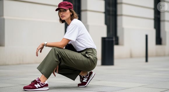 Um exemplo simples de look com os New Balance 480 Low seria calça cargo ou de alfaiataria verde oliva, uma t-shirt branca que conversa com a sola do tênis e um boné ou acessório no mesmo tom vinho do calçado
