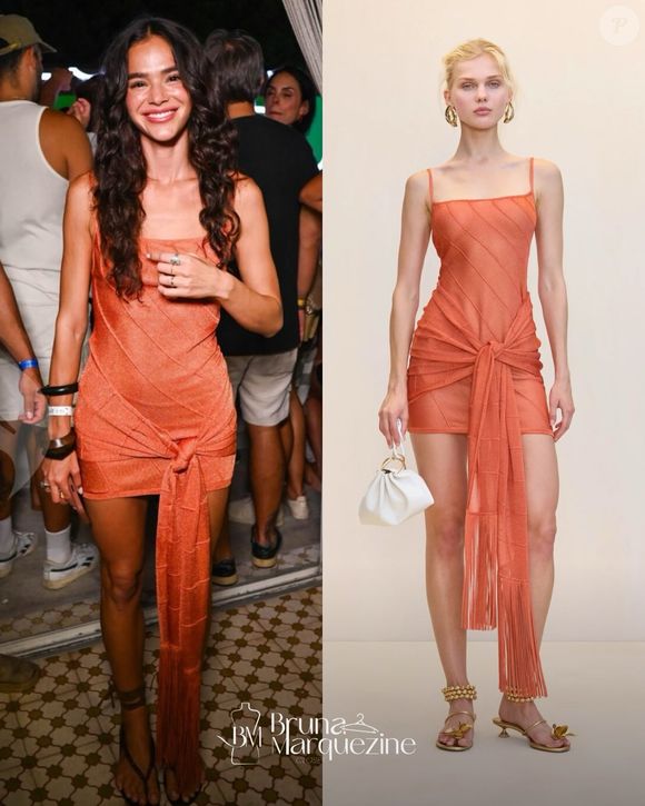 Segundo o @bmarquezinecloset, a atriz apostou em um vestido laranja de tricô Ethan, da marca Cult Gaia, avaliado em R$ 3.346