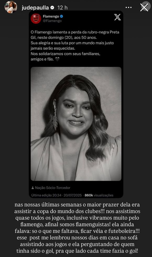 Amiga íntima de Preta Gil, Ju de Paulla contou sobre a famosa e o Flamengo: 'Nas nossas últimas semanas o maior prazer dela era assistir a Copa do Mundo dos Clubes!', revelou.