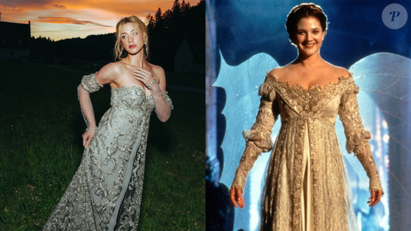 Lili Reinhart também buscou inspiração em Drew Barrymore ao usar um vestido sob medida da Rodarte inspirado no figurino de Para Sempre Cinderela, filme de 1998