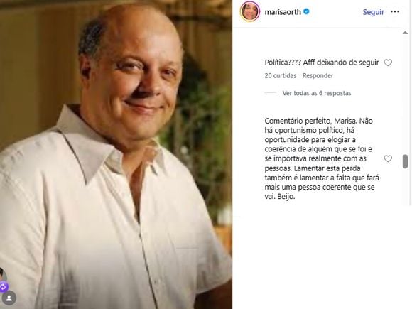 Marisa Orth recebeu críticas por citar eleição para o governo de São Paulo no post da morte de Roney Facchini, ator de 73 anos