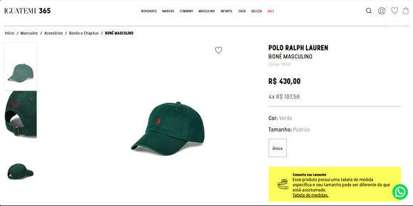 O boné usado por Bruna Marquezine é da Polo Ralph Lauren, no tom verde, com o clássico logo da marca bordado na parte frontal e fecho ajustável na parte de trás. Segundo o site Iguatemi 365, o acessório custa R$ 430, tem tamanho único e reforça o visual casual e elegante escolhido pela atriz.