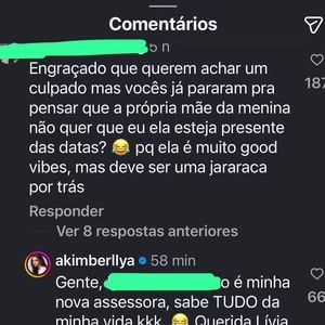 "Querida Lívia (desocupada) o jurídico vai achar uma ocupação bem útil para você. NAMASTÊ", disparou Amanda Kimberlly em um perfil de fofocas