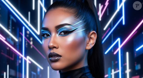 10. Neon Metálico Futurista

Prompt: "Gere retrato ousado com maquiagem metálica neon em azul elétrico e prata acima dos olhos, lábios grafite brilhantes, iluminador prateado intenso nas têmporas, cabelo em rabo de cavalo alto e liso. Fundo com luzes neon abstratas em estilo futurista."