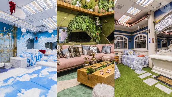 BBB 20 – a casa trouxe o Quarto Vila, com roupas de cama inspiradas em azulejos portugueses, e o Quarto Céu, com nuvens e elementos dourados. A sala adotou uma temática de selva