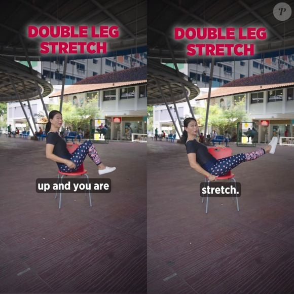 O quinto exercício de pilates na cadeira traz benefícios ao abdômen, além de melhorar a coordenação motora dos membros inferiores.