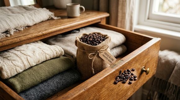 Um punhado de grãos de café colocado em um pequeno saquinho de tecido pode ajudar a combater o cheiro desagradável dentro do armário de forma natural