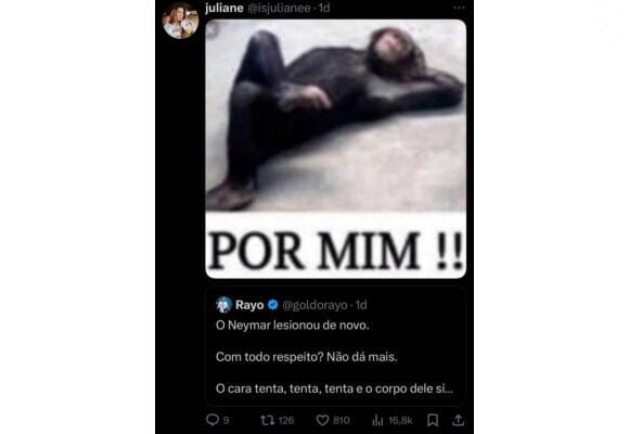 Em seu perfil do X, Juliane Carvalho ironizou a lesão de Neymar usando um meme de um macaco escrito "Por Mim!!"