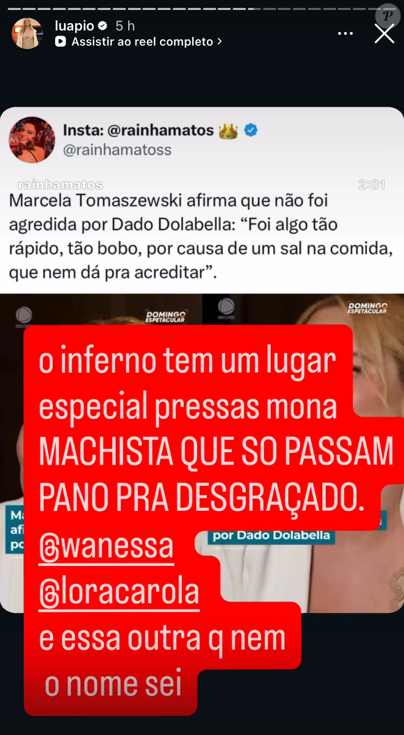 Luana Piovani: ‘O inferno tem um lugar especial pra essas ‘mona machista’ que só passam pano pra desgraçado. Wanessa, Carolina e essa outra que nem o nome sei’