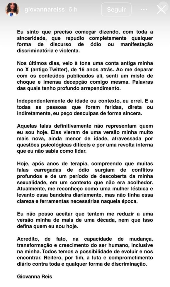 Giovanna Reis, ex-namorada de Alanis Guillen, faz desabafo após 'exposed' de racismo e transfobia