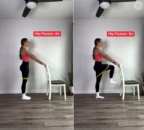 A faixa adiciona resistência e obriga os músculos estabilizadores do quadril a trabalhar mais, o que se traduz em um maior fortalecimento sem aumentar o impacto sobre o joelho