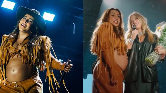 'Conseguiram me fazer chorar': grávida de 7 meses, Lauana Prado ganha flores da noiva, Tati Dias, e tem nome real revelado em surpresa romântica durante show