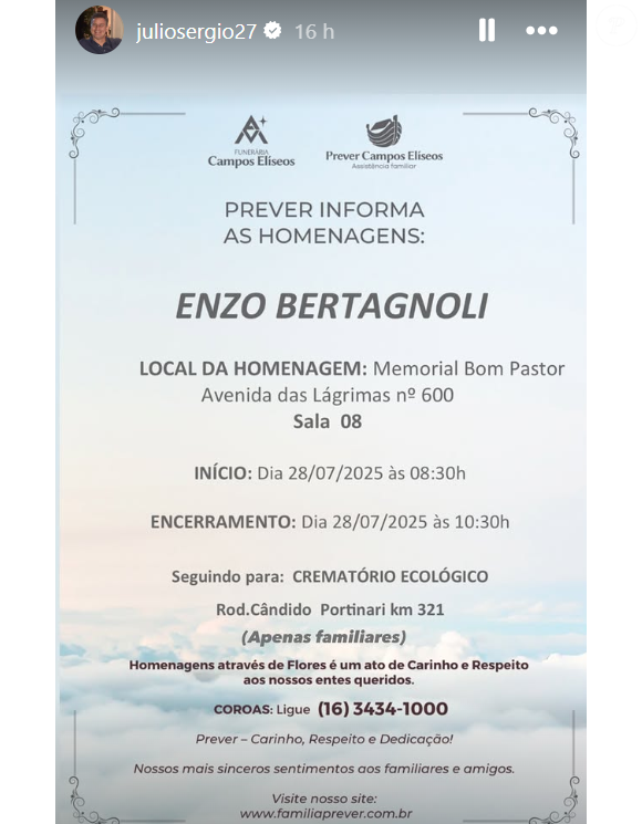 Ex-goleiro do Santos, Julio Sergio avisou aos admiradores em seus stories do Instagram, que o velório ocorreria até às 10h30 desta segunda-feira (28), e depois ele seria cremado em Ribeirão Preto.