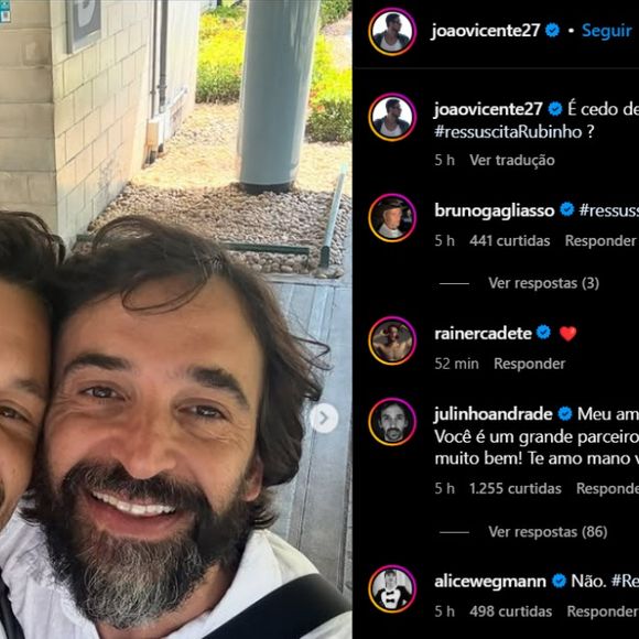 João Vicente de Castro, o Renato Filipelli de “Vale Tudo”, publicou um dump de bastidores ao lado de Julio Andrade e brincou com o destino trágico de Rubinho: “É cedo demais pra puxar a campanha #ressuscitaRubinho?” A piada viralizou e ganhou força com o apoio de colegas como Bruno Gagliasso, Rainer Cadete e Alice Wegmann.