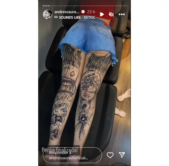 Andressa Urach tatuou toda a parte posterior das pernas, o que deu o que falar