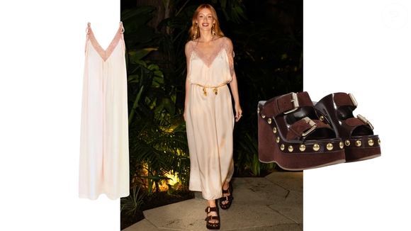 O vestido da Chloé usado por Marina Ruy Barbosa ganhou ainda mais personalidade com o tamanco plataforma, modelo bem semelhante ao Schutz Plataforma Fivela Dupla Couro Marrom, encontrado por R$ 990, combinação que reforça a mistura entre o romantismo do vestido e a atitude da estética dos anos 70