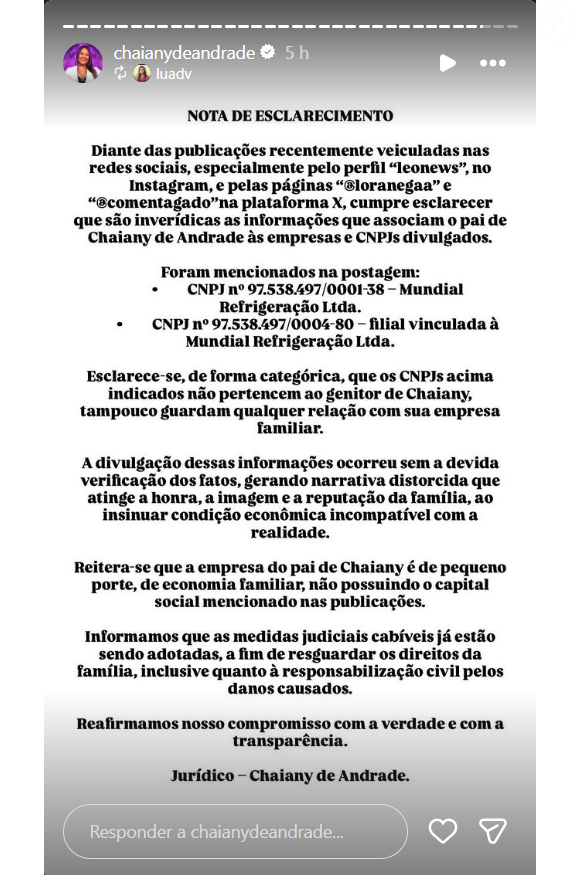 Após rumores sobre fortuna milionária do pai, a equipe jurídica de Chaiany reage e nega vínculos empresariais divulgados por perfis de fofoca