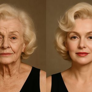 Marilyn Monroe — projeção aos 90 anos (à esquerda) e versão rejuvenescida com tratamentos atuais (à direita).