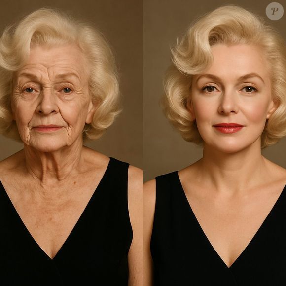 Marilyn Monroe — projeção aos 90 anos (à esquerda) e versão rejuvenescida com tratamentos atuais (à direita).