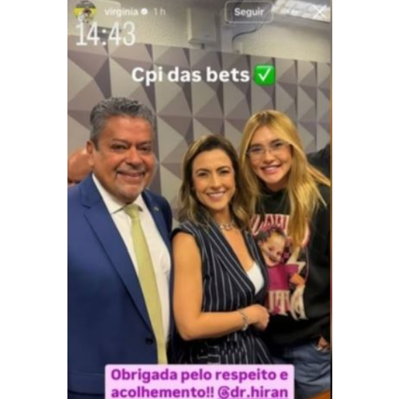 Após o depoimento, Virginia Fonseca publicou uma foto em seus stories, e escreveu: 'Obrigada pelo respeito e acolhimento'.