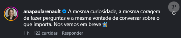 A campeã do BBB26, Ana Paula Renault, celebrou o novo momento profissional e afirmou que desenvolver projetos ao lado da TV Globo representa uma honra e uma grande responsabilidade