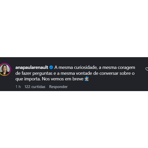 A campeã do BBB26, Ana Paula Renault, celebrou o novo momento profissional e afirmou que desenvolver projetos ao lado da TV Globo representa uma honra e uma grande responsabilidade