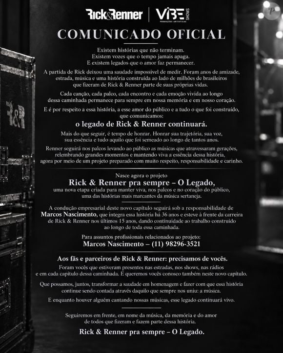 Após morte de Rick Sollo, Renner seguirá em carreira solo com projeto em homenagem ao parceiro de palco por 40 anos