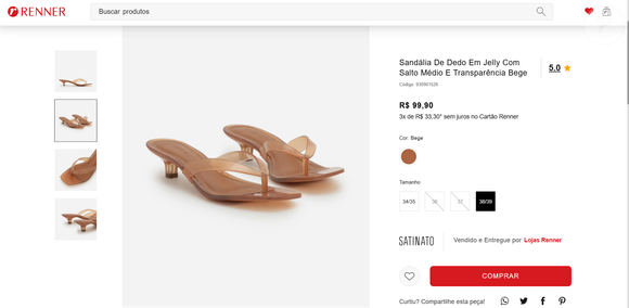 Sandália de Dedo em Jelly com Salto Médio e Transparência Bege – Renner: versão leve e moderna do chinelo de salto, o modelo em bege aparece por R$ 99,90 no site da Renner, ideal para looks de verão