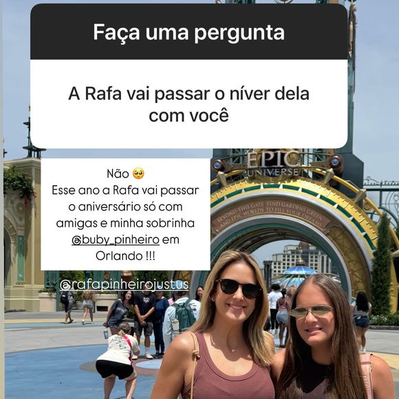 Rafaella Justus ‘vai passar o aniversário só com amigas e minha sobrinha Bruna Pinheiro em Orlando!’, contou Ticiane Pinheiro