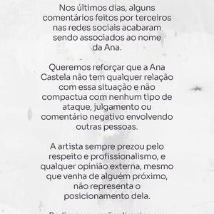 Ana Castela compartilhou um comunicado em sua rede social sobre a crítica que a amiga fez a Virgínia
