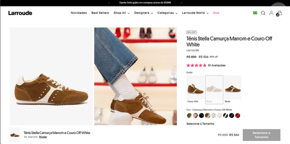 Tênis de Gigi Hadid sai de R$ 890 por R$ 534 no site oficial da Larroudé, com 40% de desconto