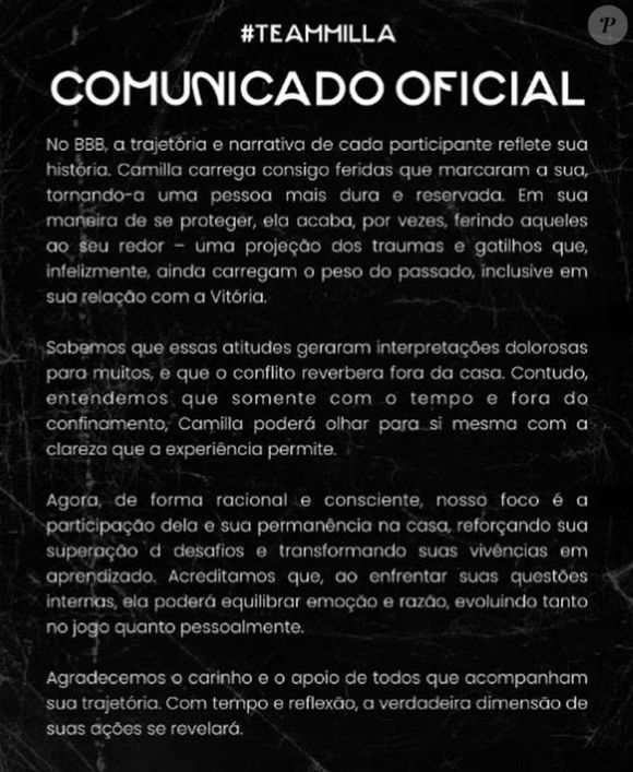 Nas redes sociais, internautas ficaram furiosos com o comentário de Camilla. Algumas pessoas chegaram a apontar que a irmã de Thamiris queria levantar uma pauta de racismo. 
Mediante a isso, a equipe de Camilla soltou um comunicado nas redes sociais, que foi logo apagado por conta dos inúmeras críticas.