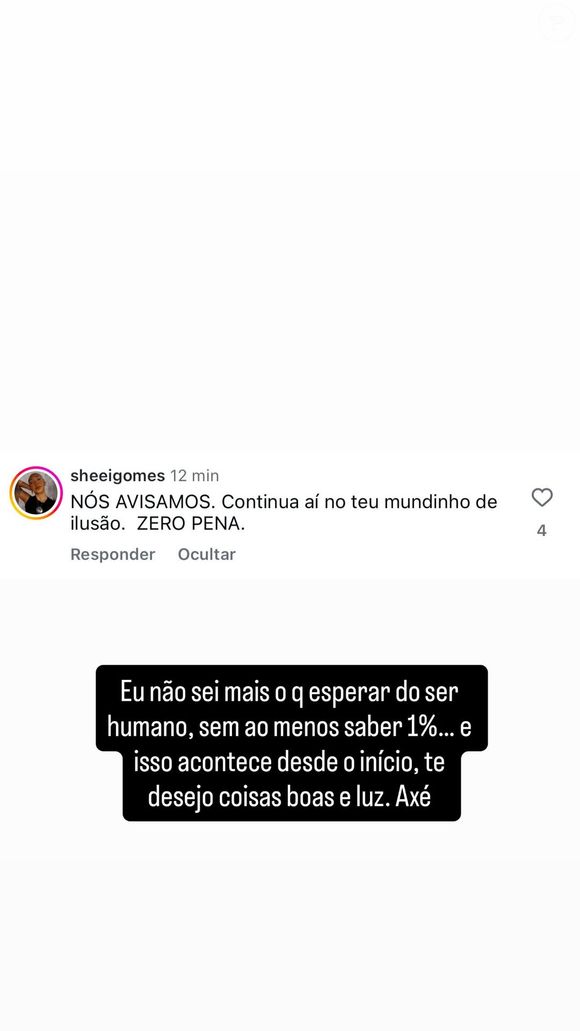 Além do pronunciamento, Marcela também expôs o comentário polêmico de um internauta sobre seu relacionamento