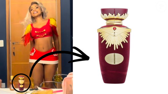 Além do look inspirado em Xuxa, Cariúcha chamou atenção ao deixar à mostra no camarim o perfume árabe Lattafa Sakeena, fragrância floral frutada gourmand de menos de R$ 150