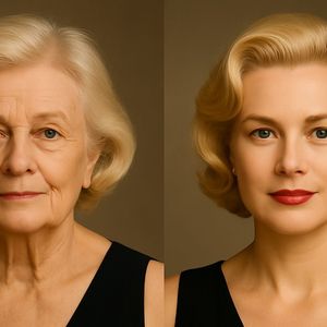 Grace Kelly — projeção aos 95 anos (à esquerda) e versão aos 85 anos com estética moderna (à direita).