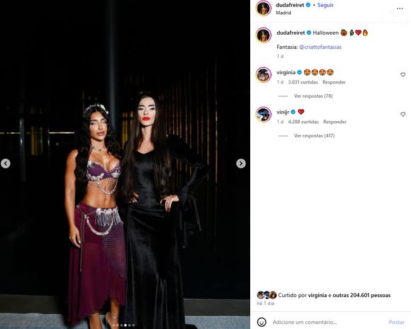 Namorado de Virgínia Fonseca, Vinícius Jr. curtiu foto da influencer ao lado da amiga Duda Freire para festa de Halloween